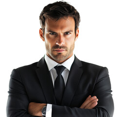 Business professional confidently posing in a suit, cut out transparent