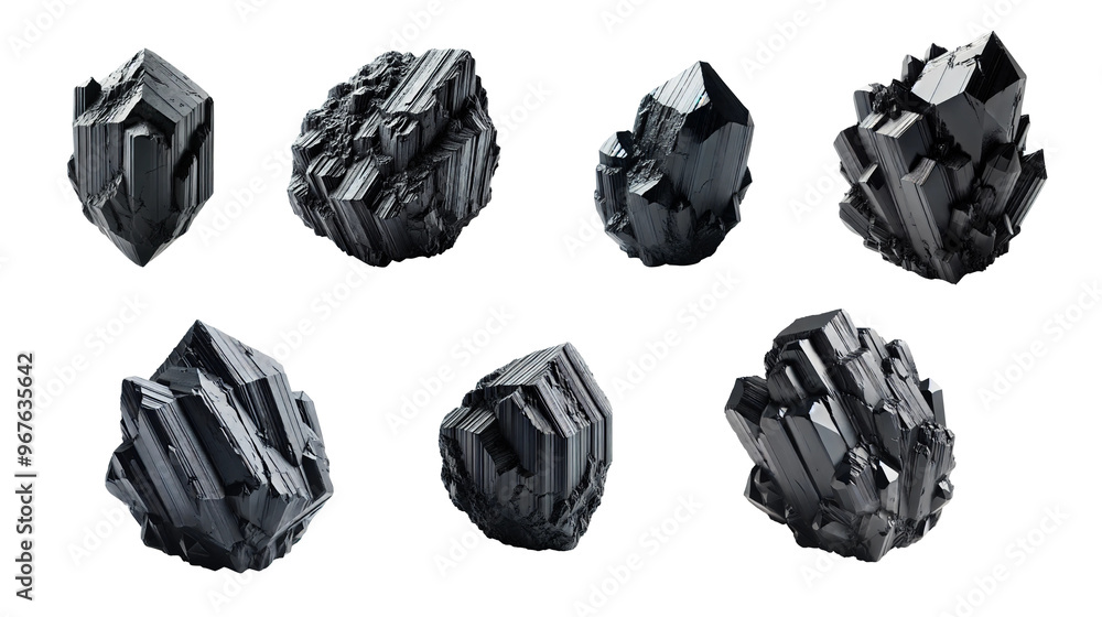 Collection of black minerals, rocks, different shapes and sizes ...