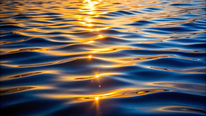 Poster - Gentle ripples on deep blue water reflect golden sunlight, casting a warm, shimmering path of light across the soft undulations of the surface