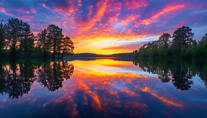 Poster - The tranquil lake reflects the colorful sunset sunset, and the trees on the lake complement each other in the evening sky, exuding tranquility and natural beauty.