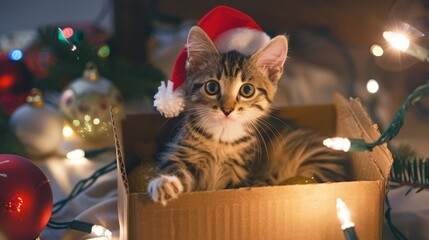 A striped domestic cat in a red Santa hat relaxes in a cardboard box, surrounded by twinkling lights and colorful Christmas decorations, radiating holiday cheer.