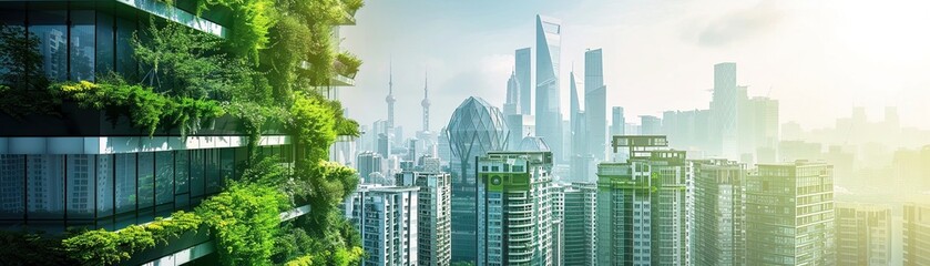 A stunning urban landscape showcases towering skyscrapers adorned with vertical gardens, blending nature with modern architecture.