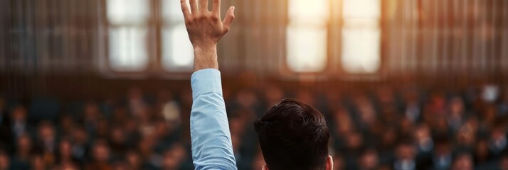 A person raises their hand in a crowd of people, showing participation or asking a question.