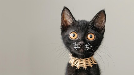 Cute black kitten with wide eyes and a whimsical whisker design on its face, wearing a unique collar. Gray background.