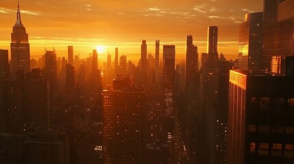 Aufkleber - A sunset view of tall city buildings with the skyline bathed in golden light, capturing the transition from day to night in a vibrant urban area