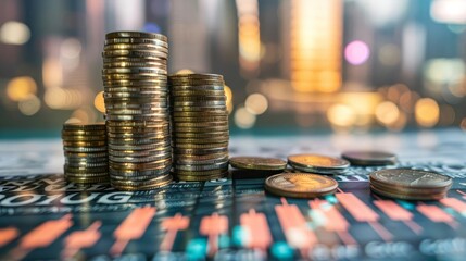 Stacks of coins on a stock market chart with a city skyline in the background.