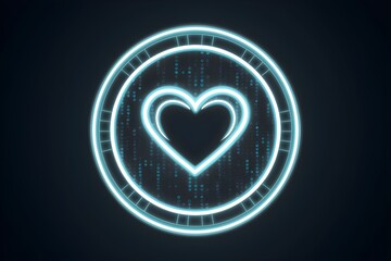 Neon blue circular object with heart design, floating against dark background