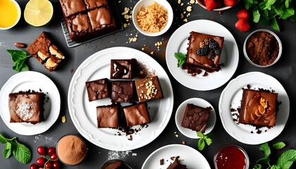 Delicious assortment of freshly baked brownies topped with vibrant ingredients on a white plate