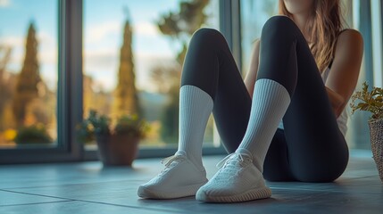 Woman in active wear sitting on the floor in a modern interior with natural lighting