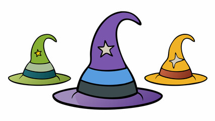 Set of vector colorful images of witch hats in doodle style on white background