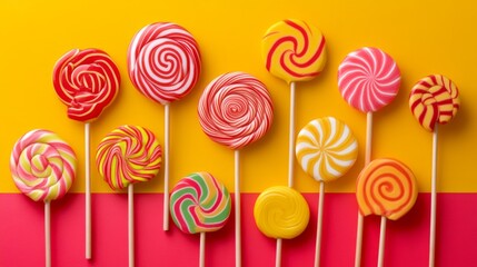 Leinwandbilder - A vibrant array of colorful lollipops arranged on a bright, cheerful background, showcasing a variety of flavors and designs.