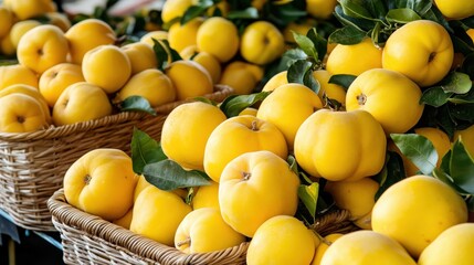 A display of market-ready quince fruits (Cydonia oblonga), perfect for jams and jellies