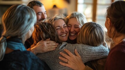 A group of friends sharing a heartfelt hug and expressions of gratitude at a casual gathering