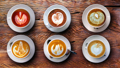 Top view of Latte arts coffe. White cup of hot coffee on wooden table. Cafe with barista art concept.