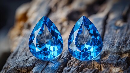 Sticker - Two Teardrop-Shaped Blue Topazes on Rough Wood