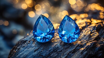 Poster - Two Blue Gemstones on a Rough Wooden Surface with Bokeh Lights