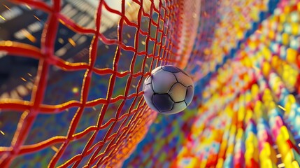 Match climax, ball and net detail with vibrant stadium backdrop