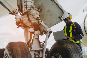 Mechanics inspect the engines of a large plane before takeoff at a summer airport..