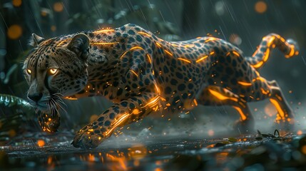 Mechanical cheetah racing through an urban jungle, with neon lights reflecting off its streamlined body