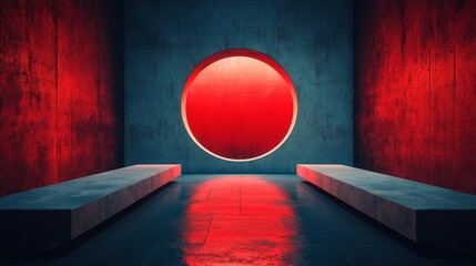 Canvas Print - A red circle is in the middle of a room with red walls