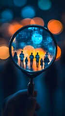 A magnifying glass over an array of human figures, with some blurred and others more clearly defined, representing the concept of enhanced customer understanding in digital marketing