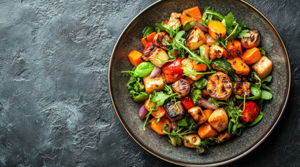 Grilled vegetable salad with roasted carrots, bell peppers, zucchini, and fresh arugula on a rustic plate, served on a dark textured surface, perfect for healthy eating and vegan cuisine