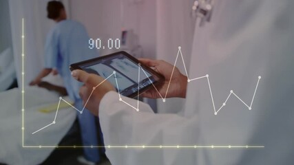 Wall Mural - Animation of data processing and diagrams over caucasian doctor using tablet