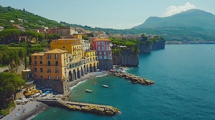 Scenic coastal view of colorful buildings along the shoreline in a sunny setting.