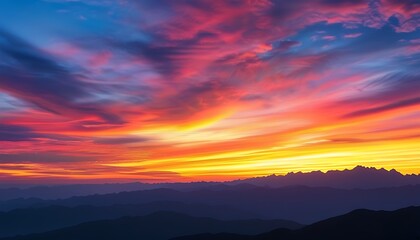 Poster - The sun sets in the west, the sky is decorated with colorful sunset lights, and the blurred mountain shadows appear peaceful and elegant against the backdrop of the colors.