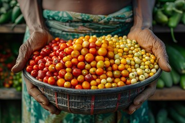 A market vendor displays a vibrant assortment of fresh tomatoes in a woven basket at a bustling local market in the late afternoon sunlight