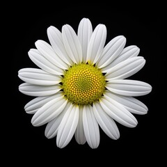 Wall Mural - One white Daisy or Chamomile flower isolated on black background, top view