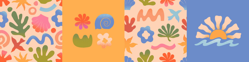 Wall Mural - vector summer cards.nature elements and seamless pattern.palm,sun,coral,seashell,wave.trendy designs
