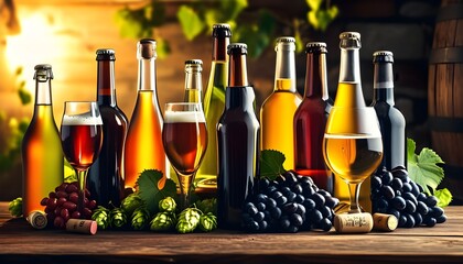 Diverse selection of beer, wine, and liquor bottles accompanied by elegant glasses on a rustic wooden table