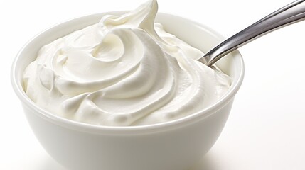 Creamy yogurt served in a white bowl with a spoon resting inside during daylight hours