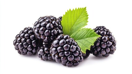 Cluster of blackberries with small green leaves, isolated on a white background.