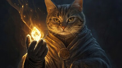 Wall Mural - A Tabby Cat Wizard Holding a Glowing Crystal