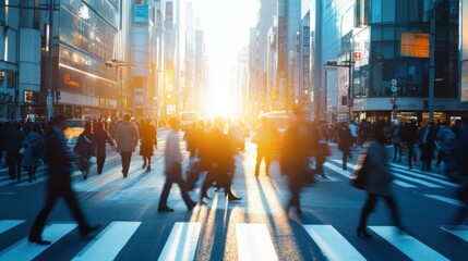 Poster - A bustling city street at sunset, with people crossing and buildings in the background.