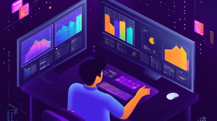 A person working on a computer with multiple screens displaying various graphs and charts.