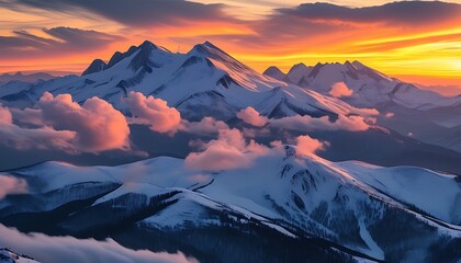 In the snowy mountains under the sunset, the clouds fluttered gently, setting off the beauty of the mountain peak and the scenery was peaceful and charming.