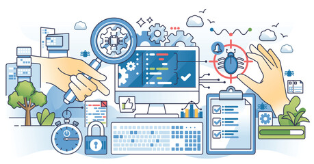 Functional testing and examining bugs in app system outline hands concept. Programming and coding problem prevention using code check, analysis and audit vector illustration. Software development.