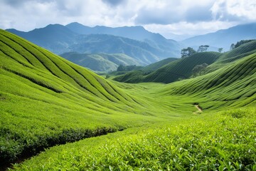 Canvas Print - A lush green field with mountains in the background. Concept of tranquility and natural beauty