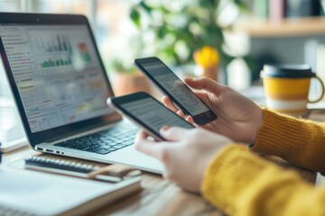 Canvas Print - Person Using Laptop and Mobile Phones While Working