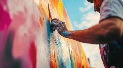 Canvas Print - A person painting a colorful mural on a wall under a bright sky.