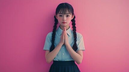 Asian girl with braided hair in light blue shirt, hands clasped together against pink background.