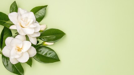 Sticker - White Gardenia Flowers with Green Leaves on a Light Green Background