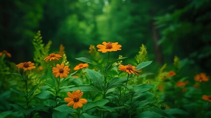 Poster - Orange Flowers in Lush Green Foliage