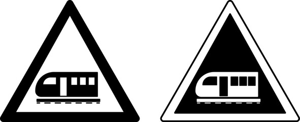 Signs Train. Warning Road Signs. Railway Station. Black And White Vector Icons