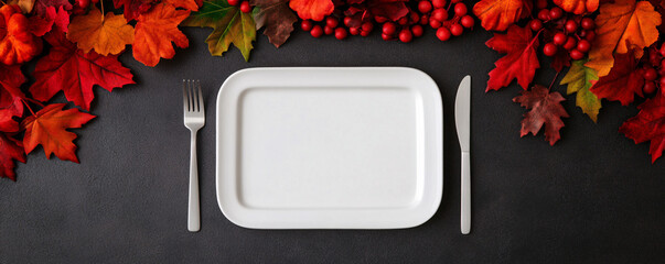 A blank white plate surrounded by vibrant autumn leaves, perfect for seasonal dining and Thanksgiving celebrations.