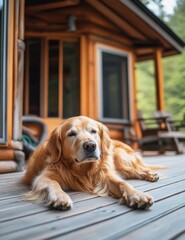 Wall Mural - a golden retriever laying on deck in front of a cabin