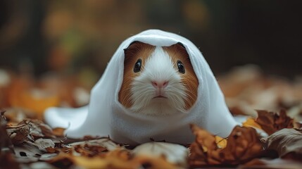 Wall Mural - A Guinea Pig Wearing a White Hood in Autumn Leaves